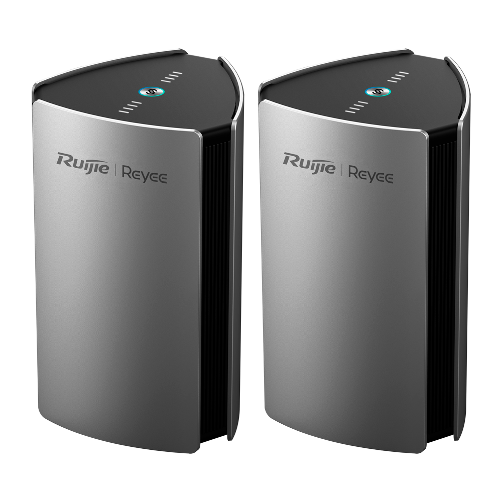 Kit 2x Router Reyee RG-M32 Wi-Fi 6 AX3200 Gigabit Mesh Dois dispositivos eletrónicos cinzento prateado com texto Ruijie Reyee