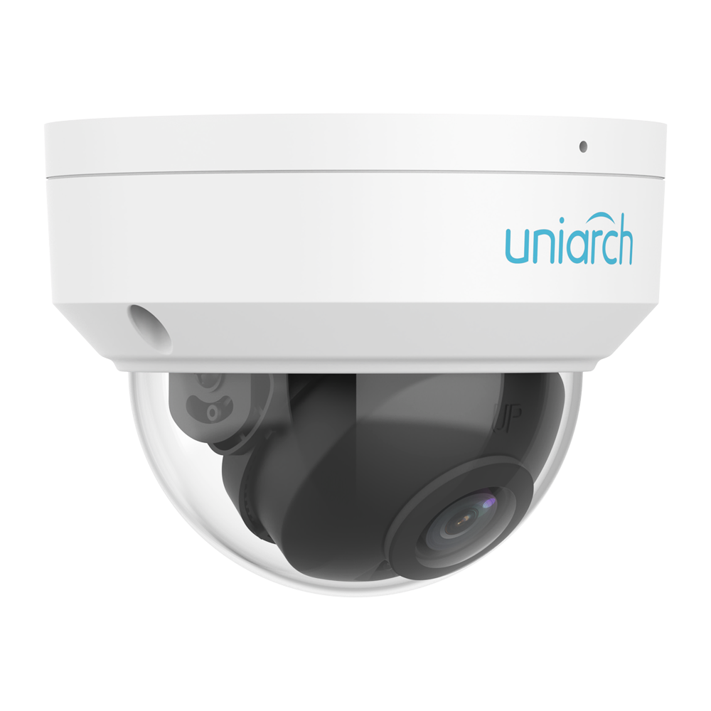 Câmara IP Dome Wi-Fi Uniarch Uho-D1R-M2F3-A 2MP, IR 30m, IP67, IK10 Câmara de segurança cúpula branca com lente preta e logótipo azul uniarch