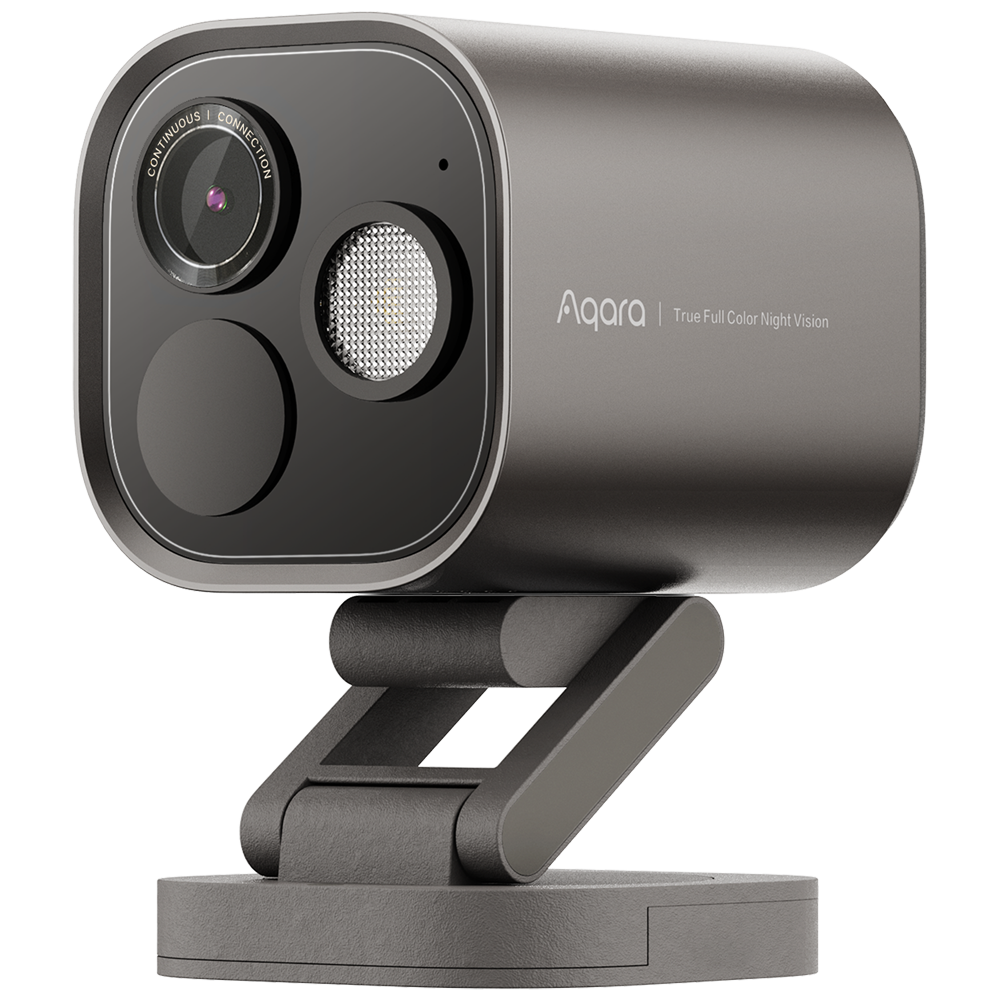 Câmara Aqara G5 Pro 4MP Wi-Fi com Hub Zigbee e Thread Câmara de segurança cinza escuro com lente preta e suporte articulado