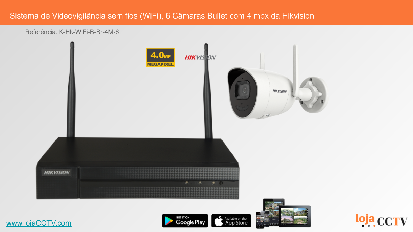 Sistema de Videovigilância sem fios (WiFi), 6 Câmaras Bullet com 4 mpx da Hikvision Sistema de videovigilância sem fios com caixa preta Hikvision e câmaras bullet brancas