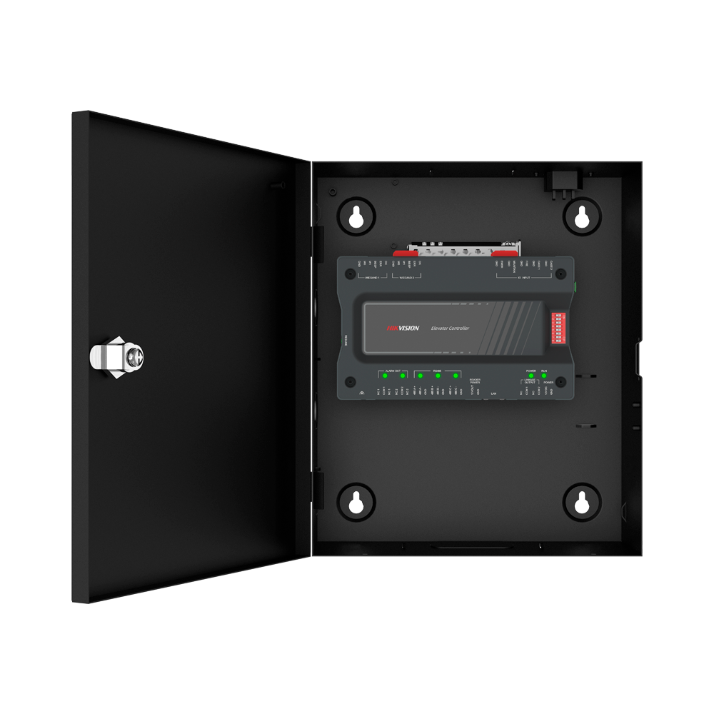 Controladora de Acesso para Elevadores Hikvision DS-K2220X Controlador de elevador HIKVISION numa caixa metálica preta aberta