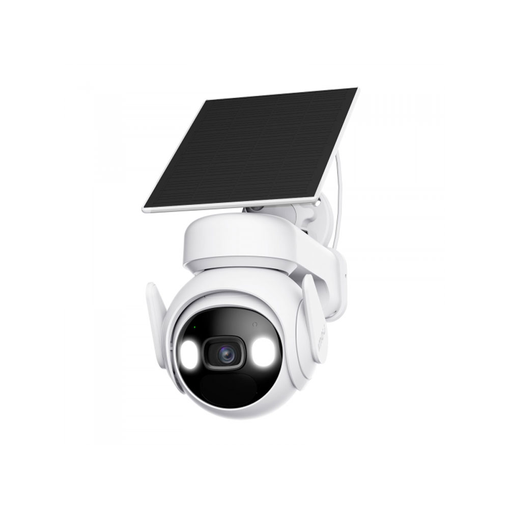 Kit Câmara IP Imou a Bateria com Painel Solar - PT, 3MP, IR 20m, Deteção PIR Câmara de segurança exterior branca com painel solar preto ajustável e luzes LED embutidas