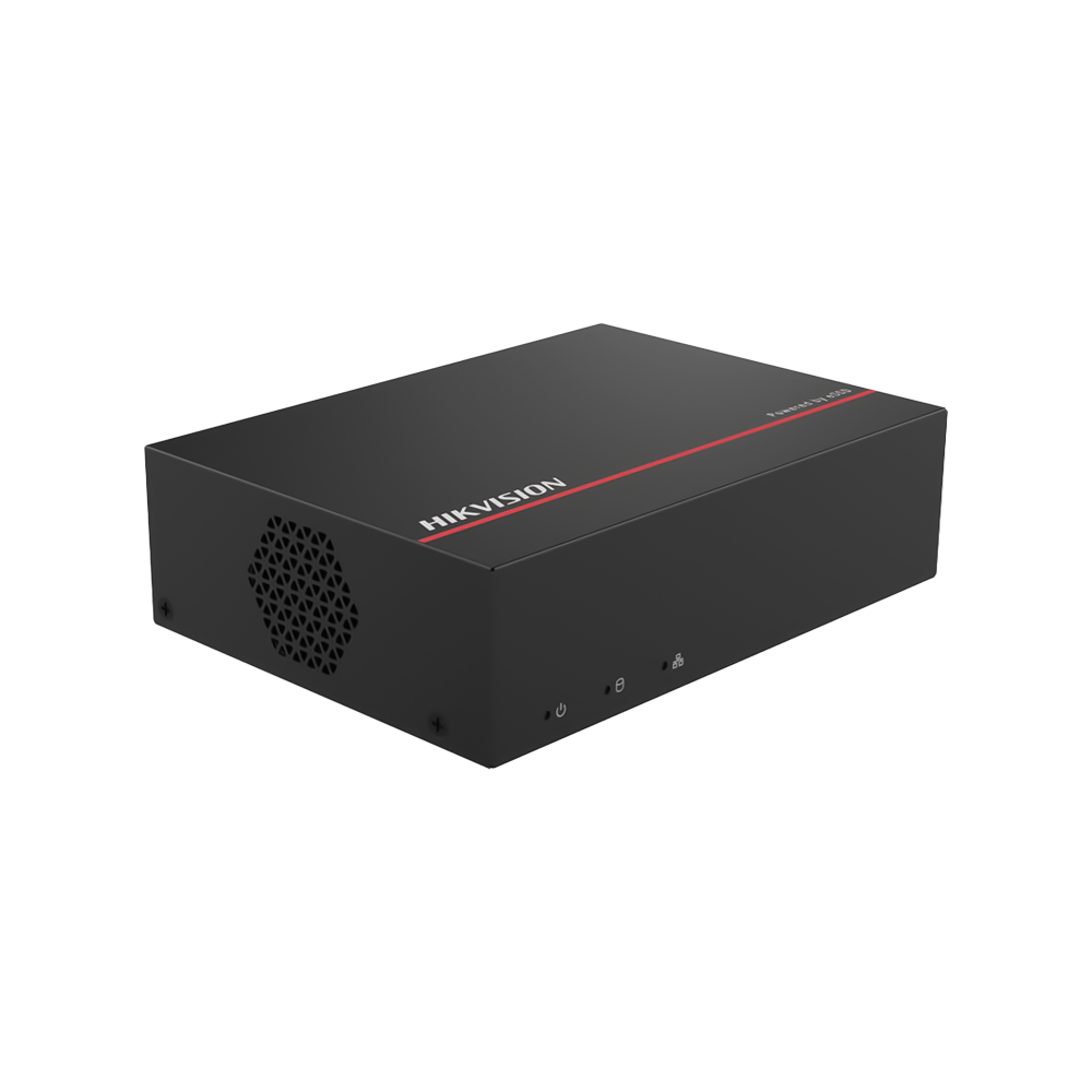 DVR Híbrido 5 em 1 Hikvision DS-E04HGHI-XB | 4 Canais Analógicos + 1 Canal IP 1080p Dispositivo eletrónico preto HIKVISION rectangular com ventoinha lateral e indicadores LED