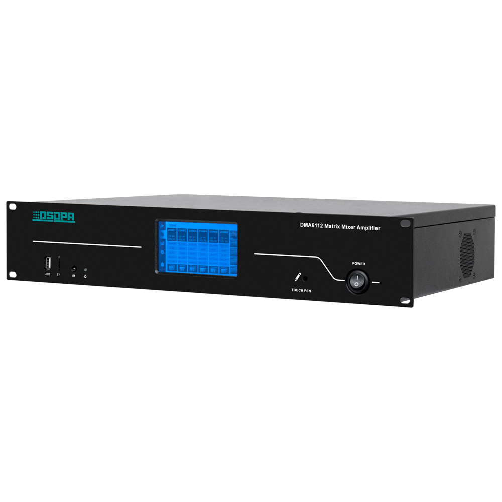 DSPPA DMA6112: Amplificador Misturador Digital 6x120W com Leitor USB/FM/Bluetooth Amplificador mixer Matrix DSPPA DMA6112 com ecrã tátil azul e botões no painel frontal.