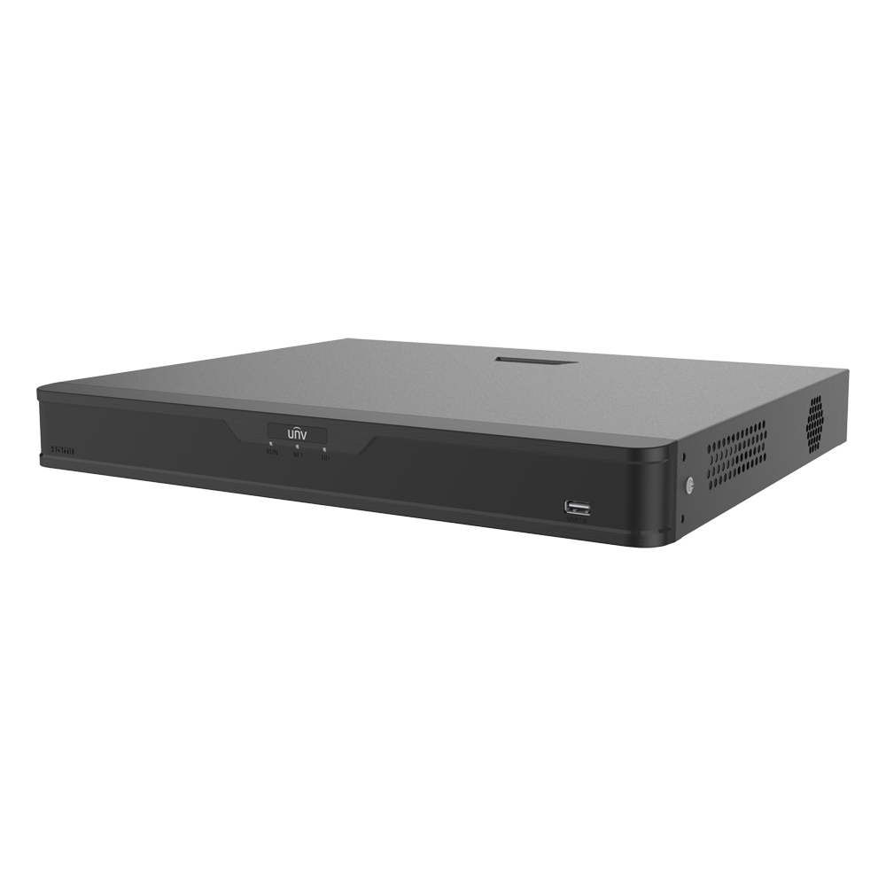 Gravador XVR 5n1 Uniview Easy 16 Canais + 8 IP - 8MP Gravador digital Uniview preto compacto com entradas USB, HDMI e indicadores LED.