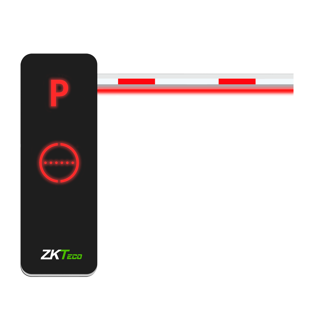 Barreira de Estacionamento ZKTeco BG1000L-45BOOM: Braço 4.5m com LED Barreira de estacionamento preta e vermelha com luzes vermelhas e logo ZKTeco