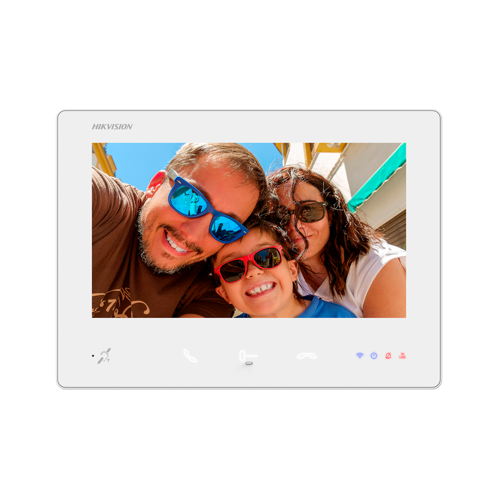 Monitor Hikvision 2 Fios HD DS-KH7300EY-TIE2/White Ecrã Tátil 7" Monitor de videoporteiro Hikvision com imagem de família no ecrã