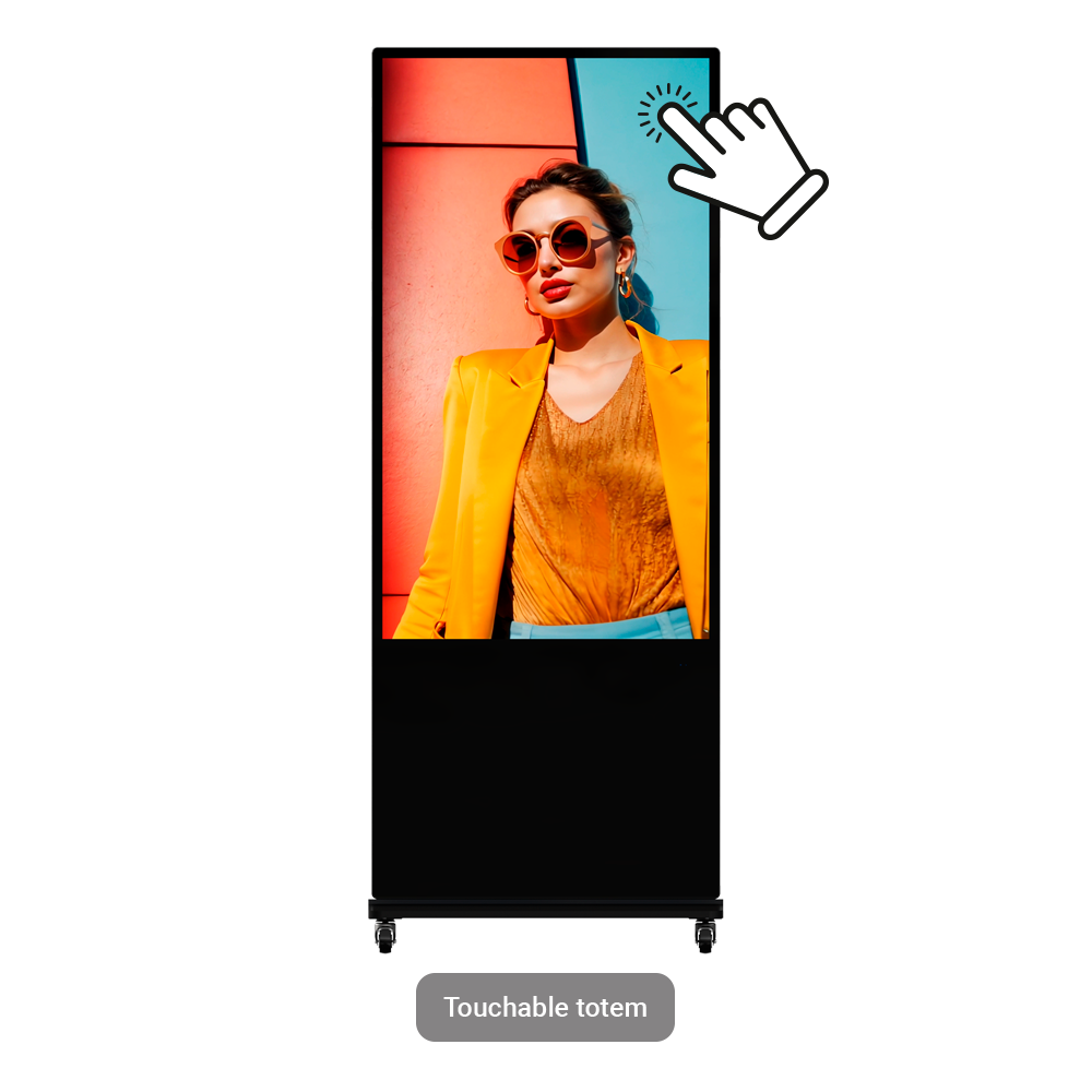 Totem Digital Tátil Hikvision 55" 4K Android para Sinalização Interior Totem digital tátil com imagem de mulher de casaco amarelo