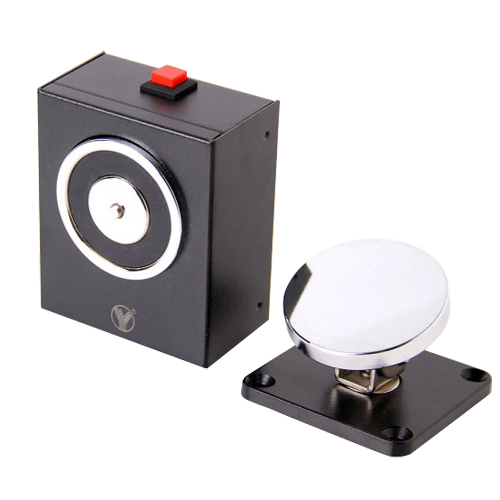 Retentor eletromagnético Para porta simples Força de retenção 50 Kg-YD-604 Campainha eletrónica preta com botão vermelho e suporte metálico prateado