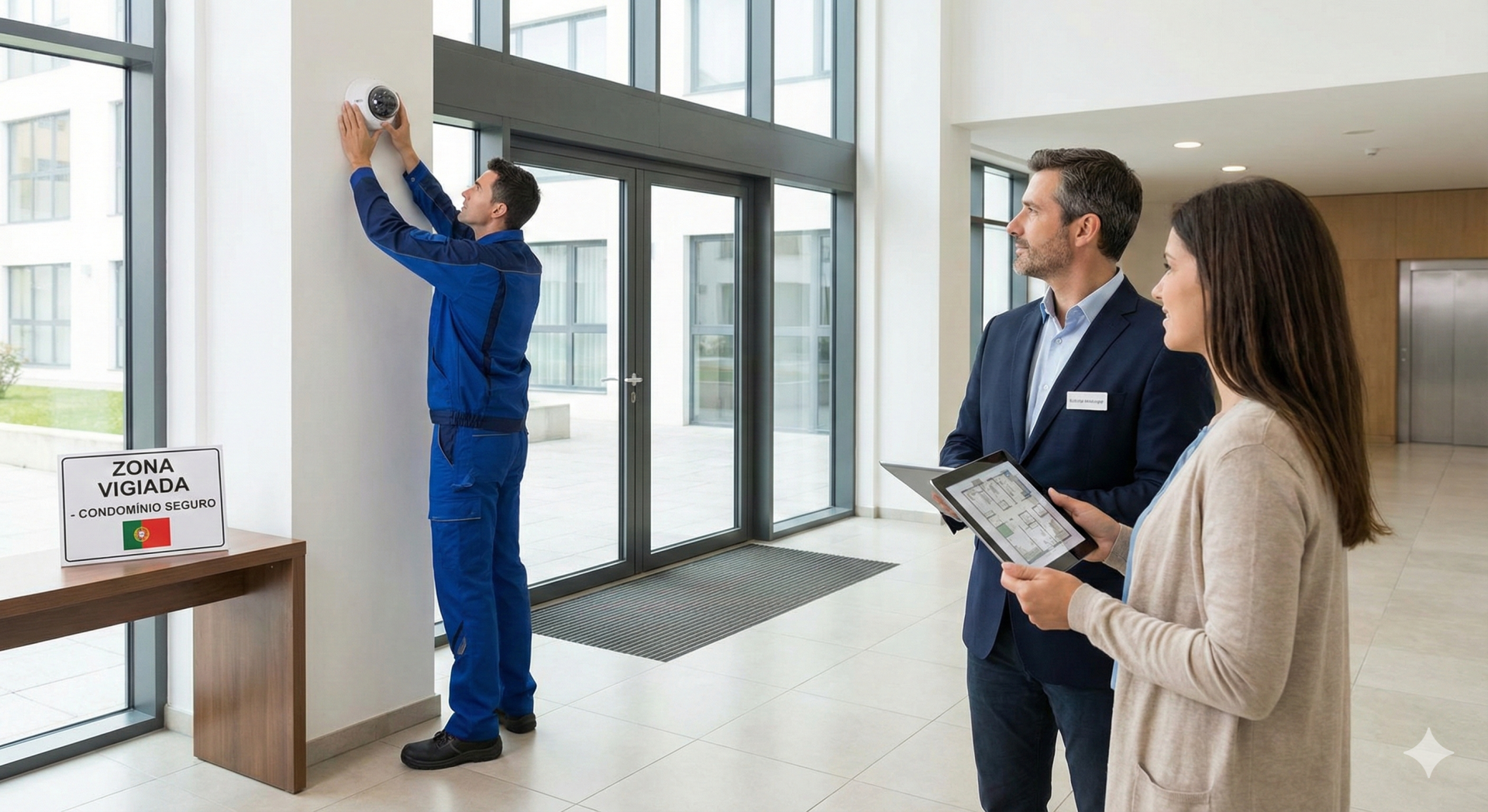 Instalação de câmara de segurança numa parede branca por homem com macacão azul em edifício moderno, com placa ZONA VIGIADA - CONDOMÍNIO SEGURO.