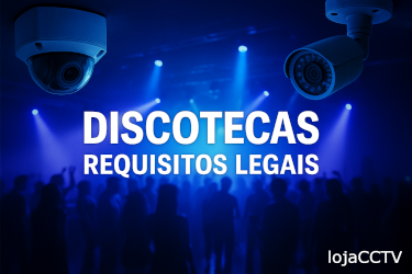 Câmaras de vigilância brancas suspensas com texto DISCOTECAS REQUISITOS LEGAIS em fundo azul e silhuetas de pessoas