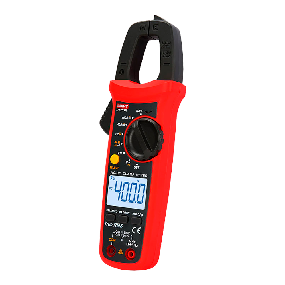 Alicate Amperímetro Digital UNI-T UT203R - Medição AC/DC até 400A Multímetro de pinça eléctrico UNI-T UT203R vermelho e preto com ecrã digital