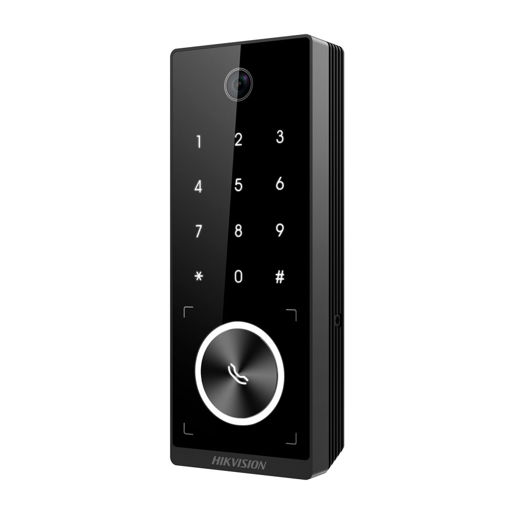 Controlo de Acesso Facial Hikvision DS-K1T510EBWX-E1 PoE IP65 Intercomunicador preto com teclado numérico e câmara