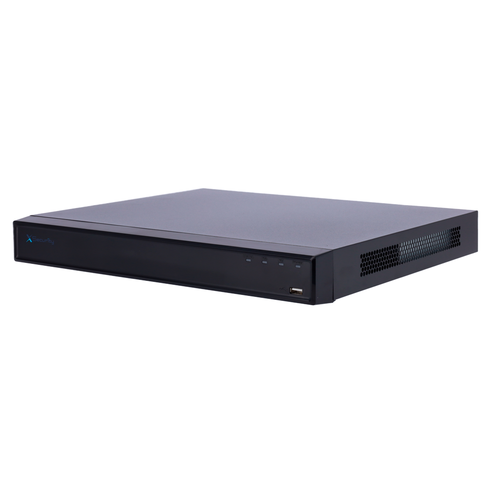 X-SECURITY NVR PoE 32 Canais 4K WizSense - XS-NVR6232A-8P-WIZ Aparelho eletrônico preto retangular com logo XSecurity e luzes indicadoras.
