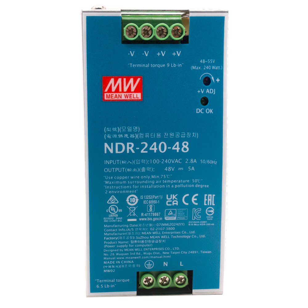 Fonte de Alimentação 240W DIN Rail Hikvision NDR-240-48 | 48VDC Ajustável Fonte de alimentação Mean Well NDR-240-48 azul com conectores verdes