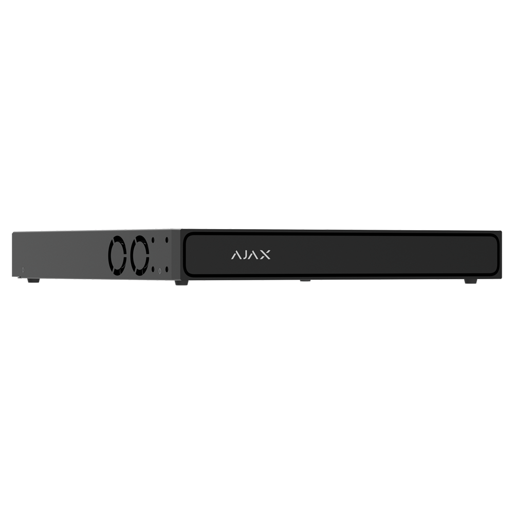 Gravador NVR PoE Ajax AJ-NVR208-HAC-8P-B - 8 Canais, 12MP e 160Mbps Dispositivo eletrónico preto retangular com marca AJAX e ventoinhas na lateral
