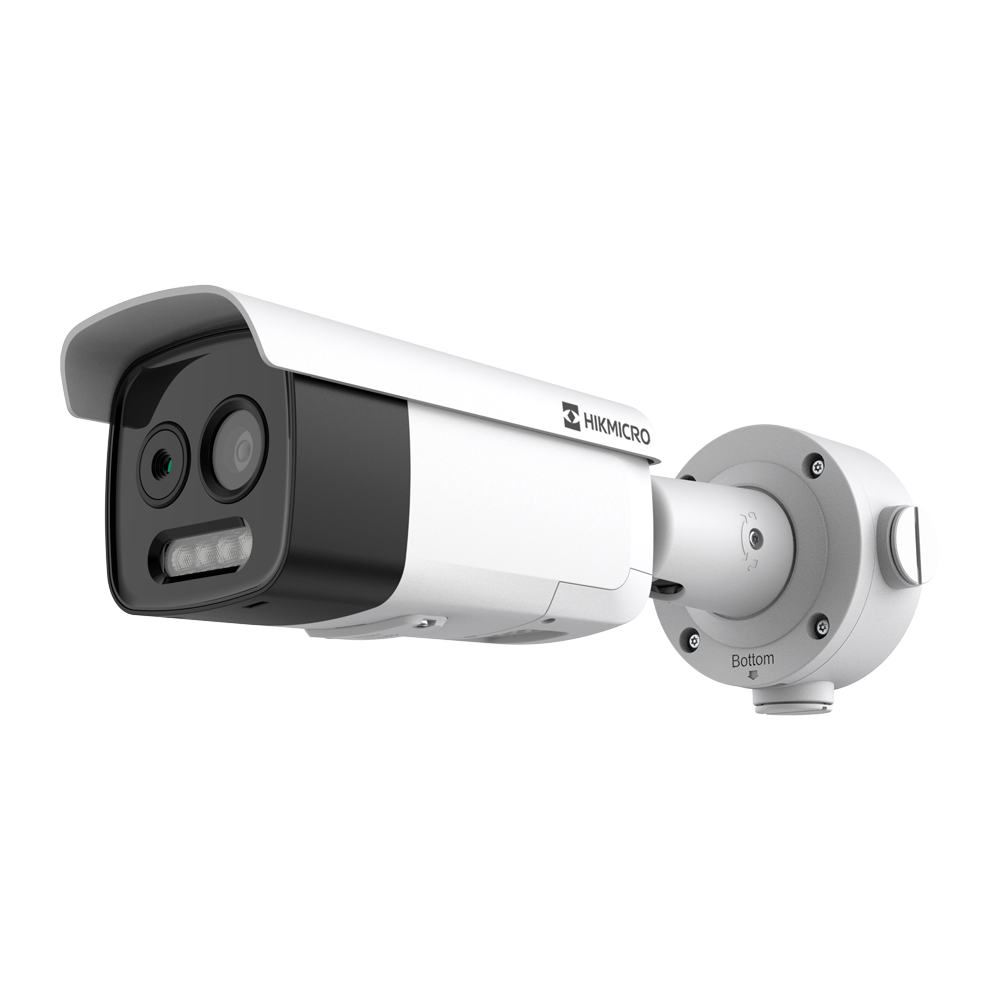 Câmara Térmica IP Hikvision 5MP Dual Bullet - Deteção de Incêndio Câmara de segurança branca e preta HIKMICRO em suporte cinza