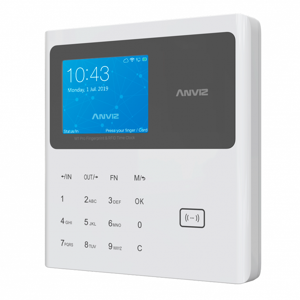 Anviz W1C-PRO: Controlo de Presença Interior com Teclado e Cartão RFID Relógio de ponto digital Anviz W1 Pro com ecrã e teclado numérico branco e cinzento