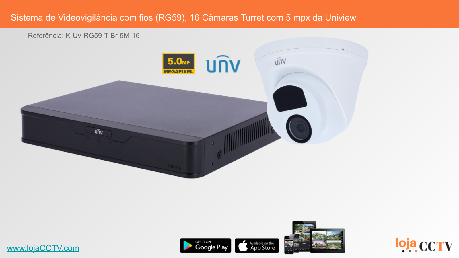 Sistema de Videovigilância com fios (RG59), 16 Câmaras Turret com 5 mpx da Uniview Sistema de videovigilância com câmaras turret brancas e caixa preta de equipamento