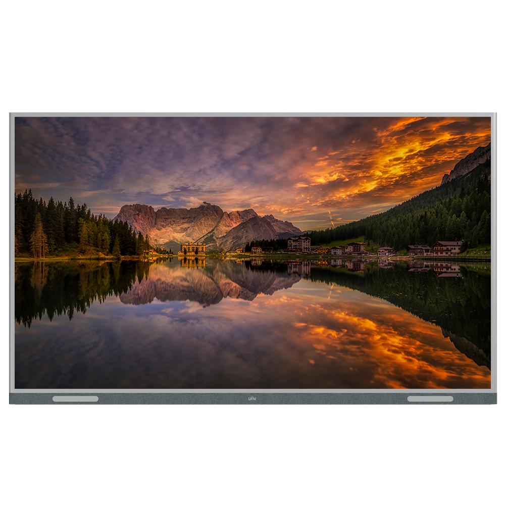 Monitor Interativo Uniview 75 Polegadas 4K Android 12.0 Monitor ultrawide a exibir paisagem de montanhas e lago ao pôr do sol