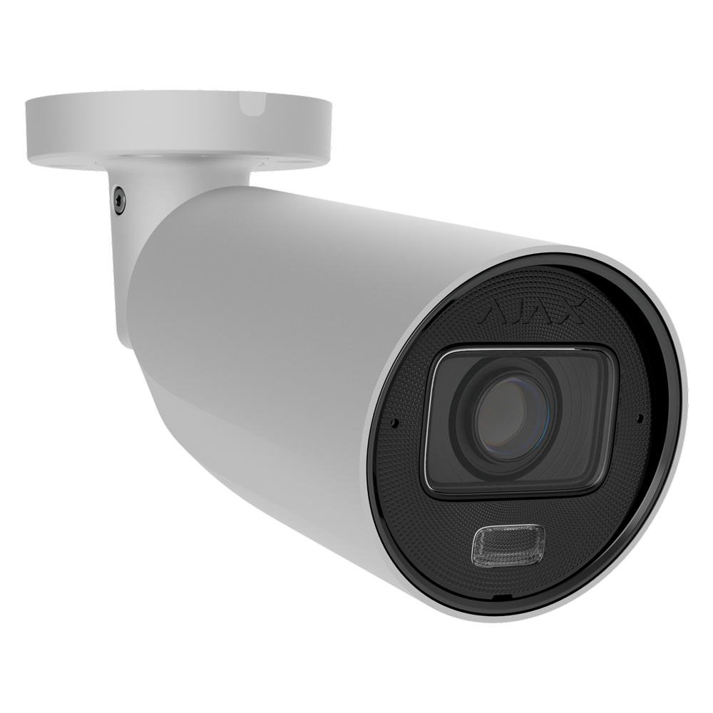 Câmara IP Bullet Ajax 5MP Varifocal PoE IP67 IK10 Câmara de vigilância de segurança branca com lente preta e texto AJAX