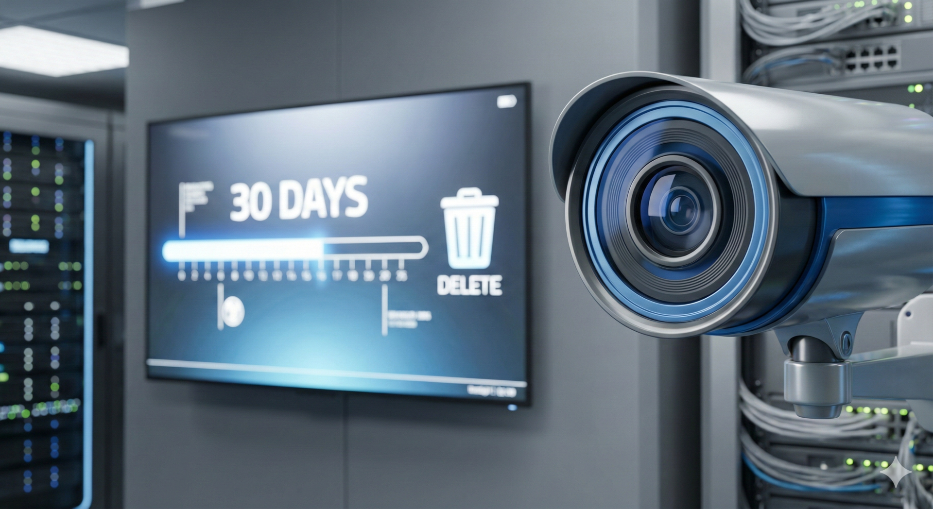 Câmara de segurança metálica azul prateada junto a servidores e monitor com texto 30 DAYS e DELETE