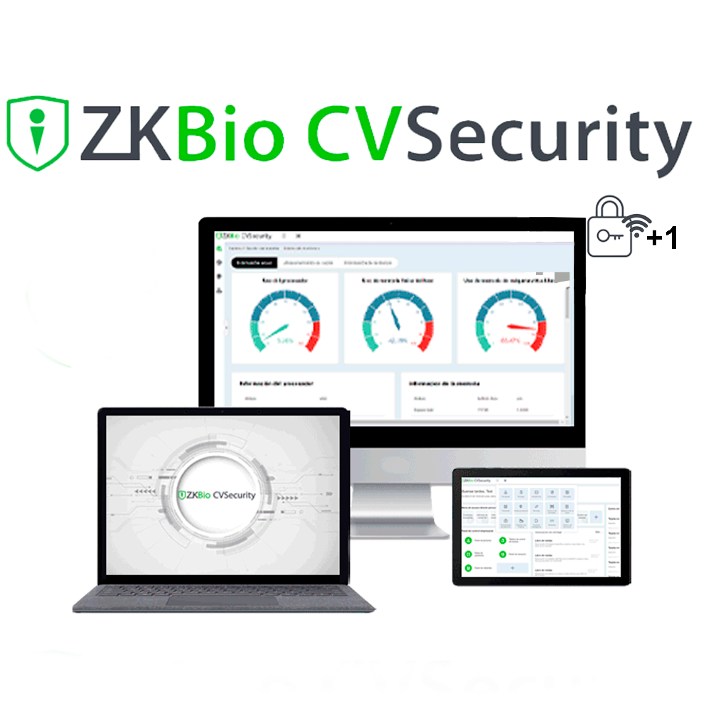 ZKTeco Licença Adicional Online Hotel - 1 Fechadura Software ZKBio CVSecurity mostrado em monitor, portátil e tablet com texto +5 num círculo verde