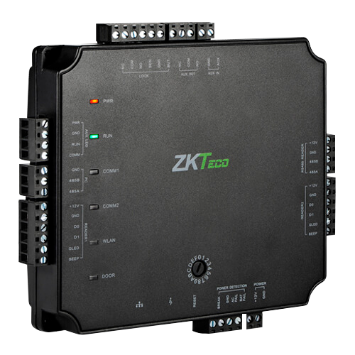 Controlador Acesso ZKTeco ATLAS-100 RFID 5000 Utilizadores PoE Dispositivo eletrónico preto da marca ZKTeco com LEDs indicadores e múltiplos conectores