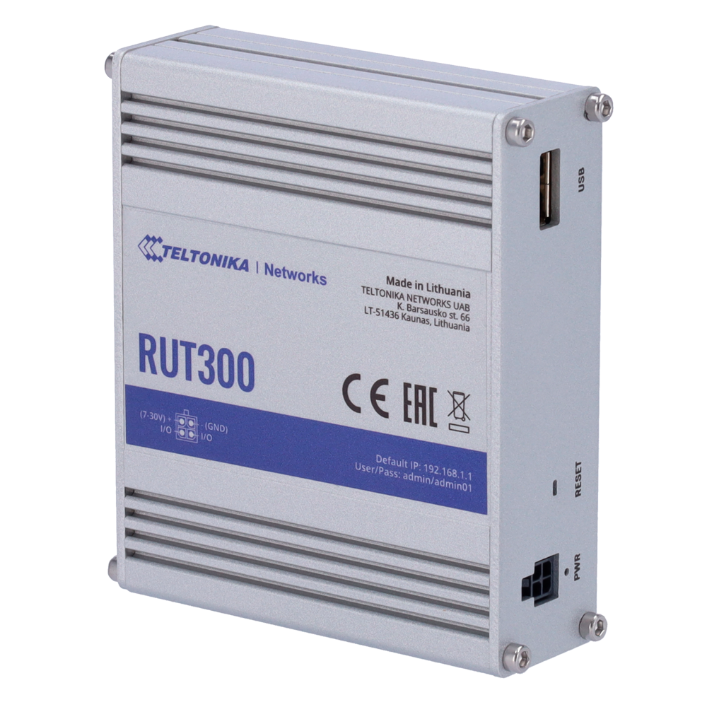 Teltonika Roteador Industrial, 5 portas-Teltonika TK-RUT300 Roteador Teltonika RUT300 cinza com texto azul e preto, portas USB e alimentação