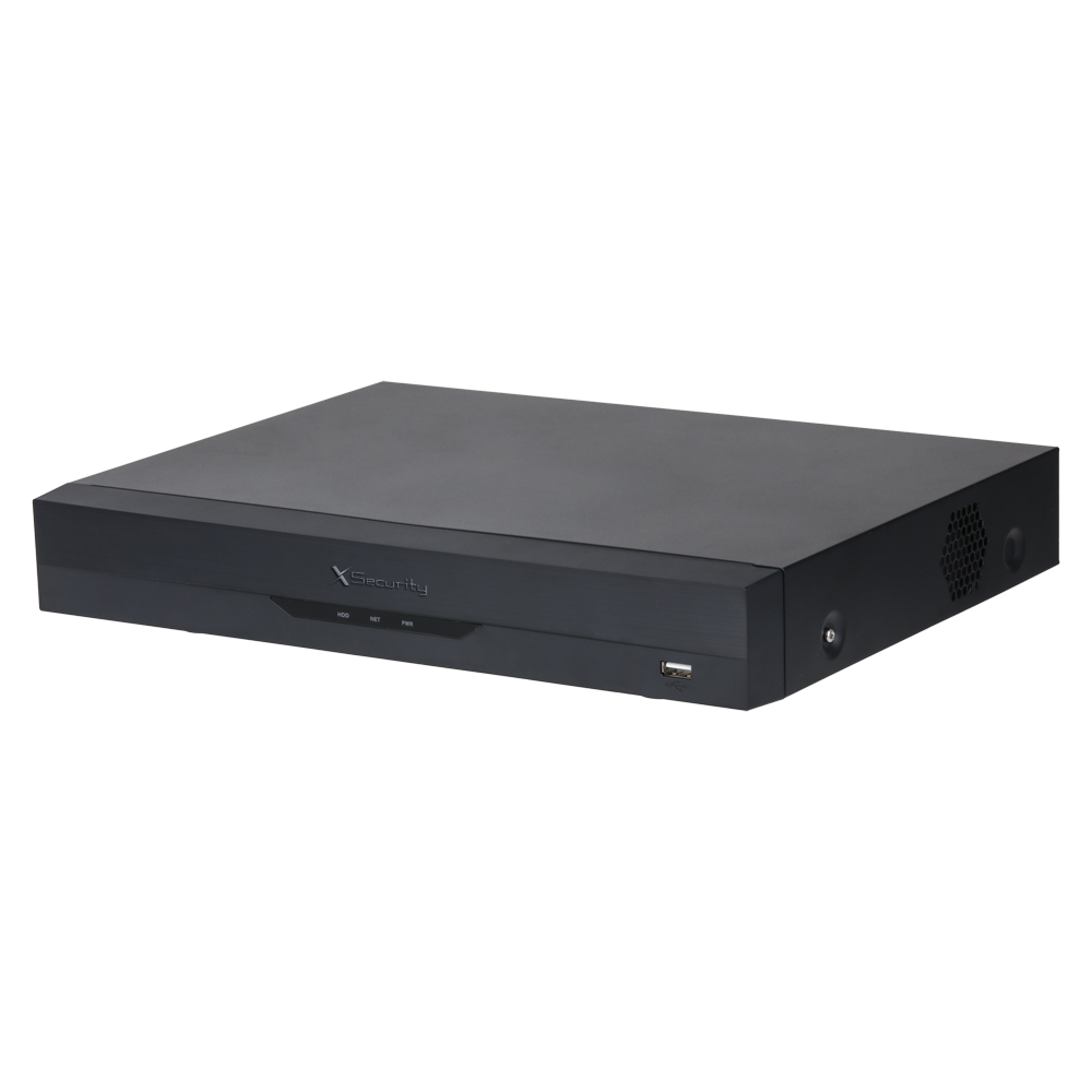 X-Security XVR 4 Canais 5MP: Gravador Híbrido 5n1 com WizSense Gravador digital de vídeo preto com logótipo XSecurity e porta USB