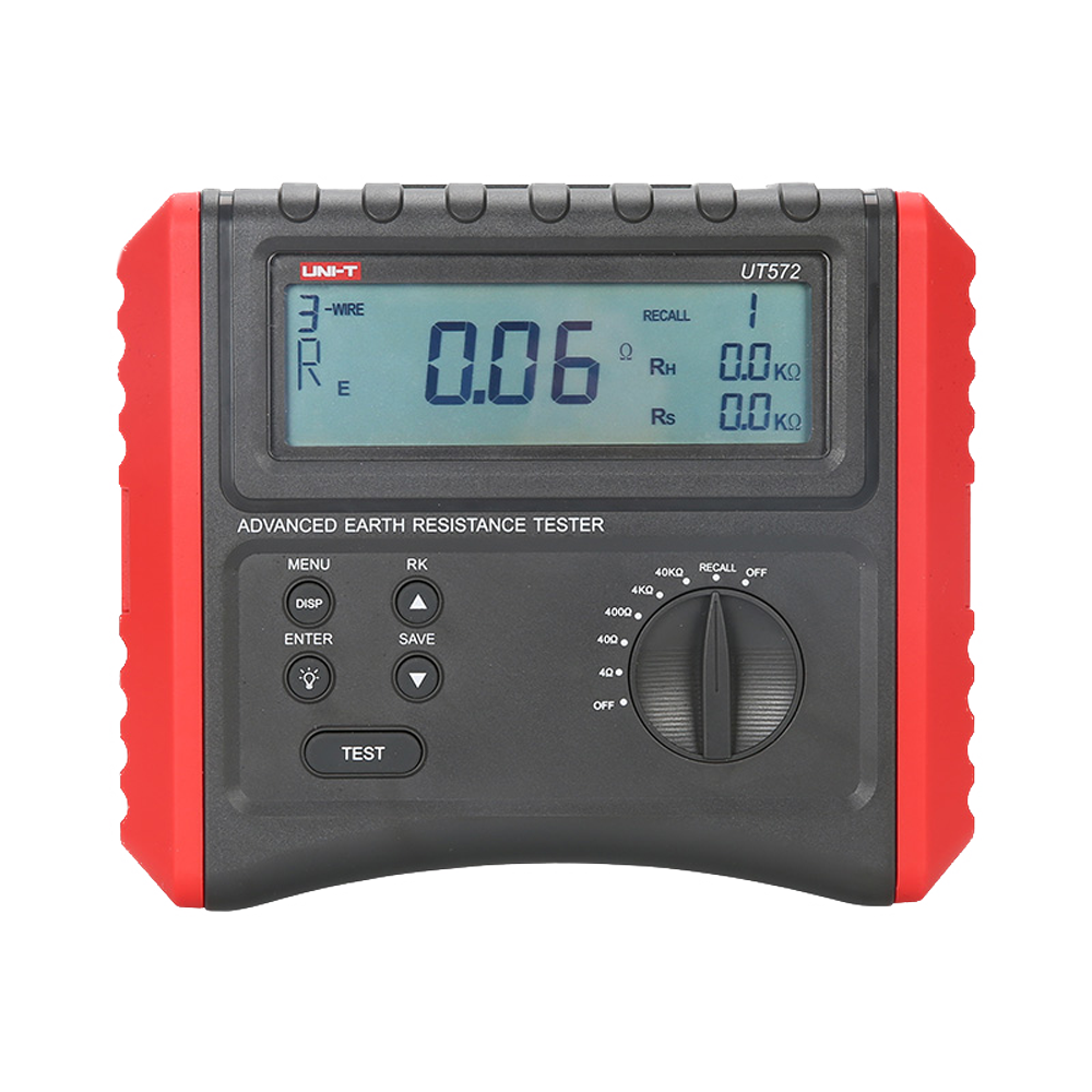 Medidor de Resistência Terra UNI-T UT572 Profissional | Teste de Solo e Segurança CAT III 600V Testador de resistência de terra avançado preto com laterais vermelhas e ecrã digital azul