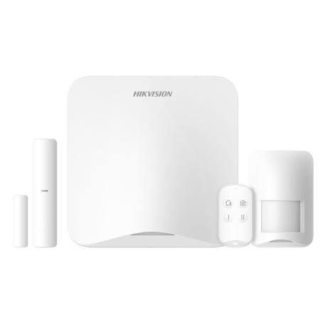 Kit Alarme Sem Fios Hikvision DS-PA201PS | Sistema AX HOME Wi-Fi e 4G de Segurança Conjunto de segurança Hikvision branco com sensor de movimento, controlo remoto e sensores magnéticos