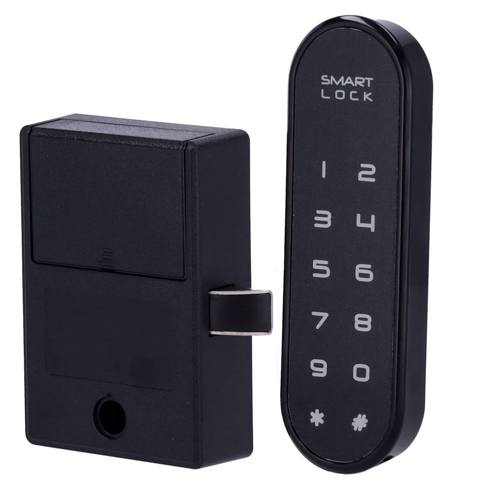 Fechadura Inteligente Safire para Cacifos com PIN e Abertura de Emergência Fecho eletrónico preto com teclado numérico e texto SMART LOCK