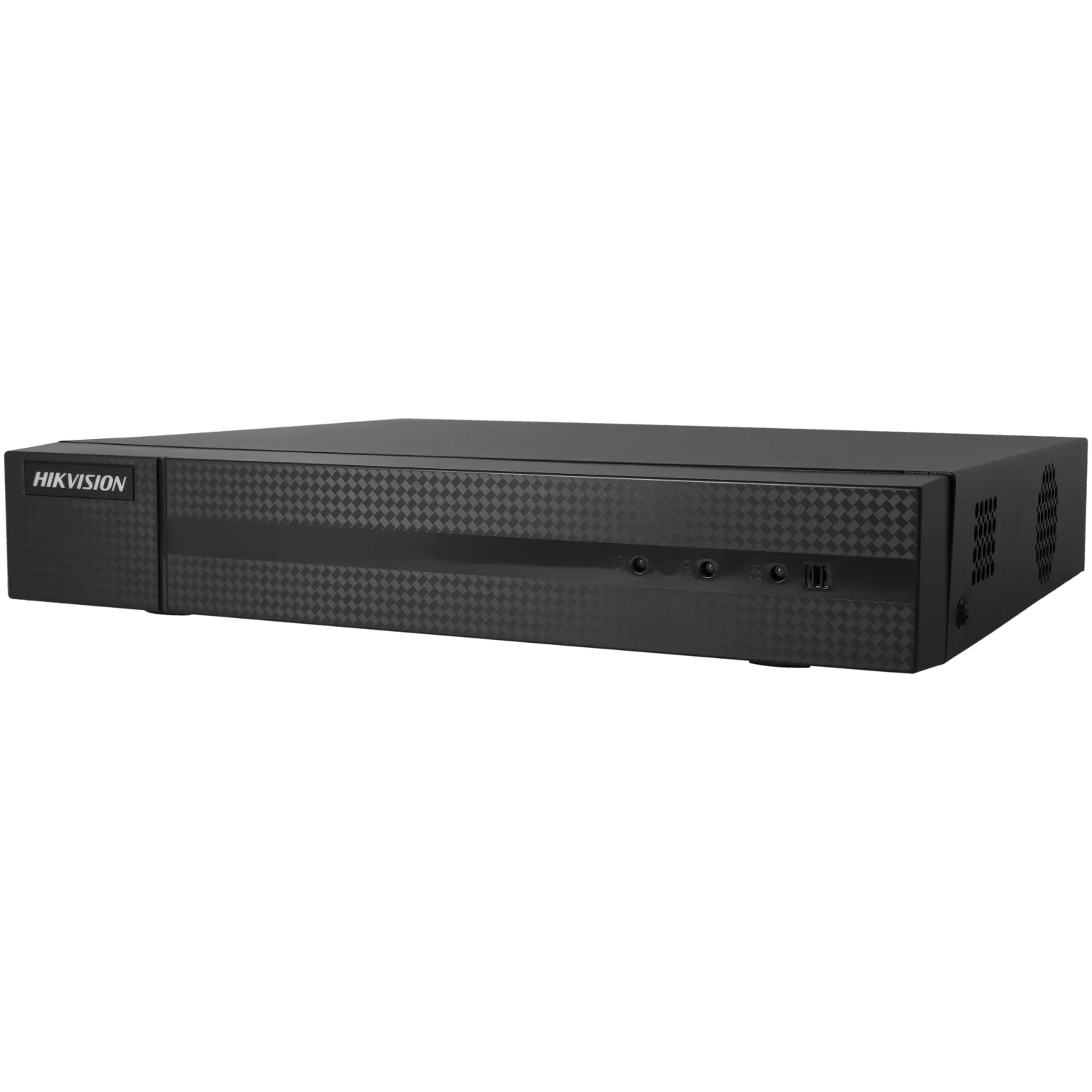Gravador 5 em 1 Hikvision HWD-7104MH/T | 4 Canais, 8MP Dispositivo electrónico preto HIKVISION com textura geométrica e painel frontal com botões.