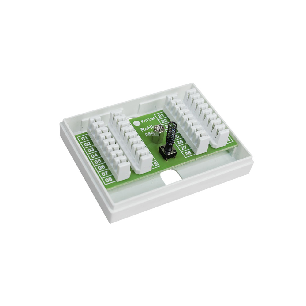 Caixa de Alarme Mini Alarmtech | Bloco de Terminais para 16 Pares Anti-Sabotagem Placa eletrónica verde com conetores e componentes numa caixa branca