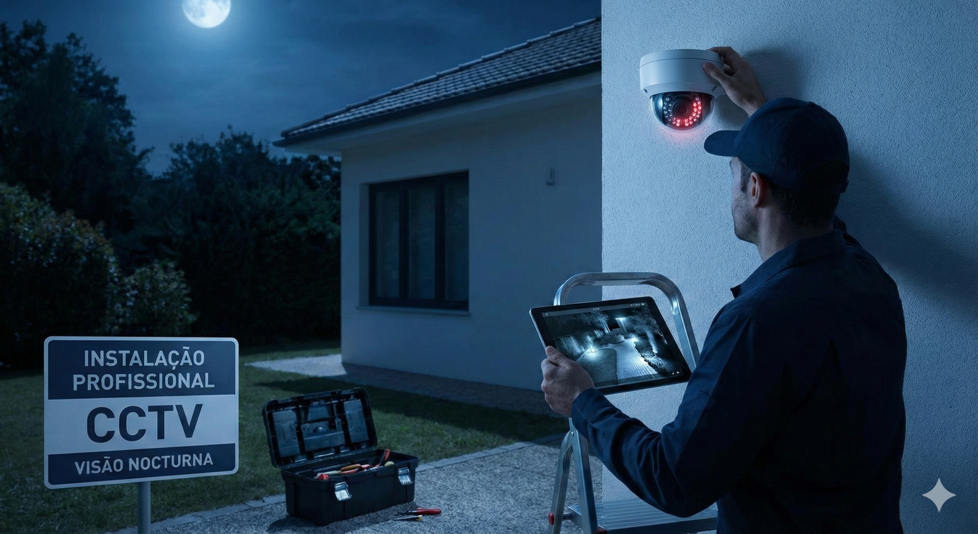Homem instala câmara CCTV branca na parede com tablet e caixa de ferramentas à noite