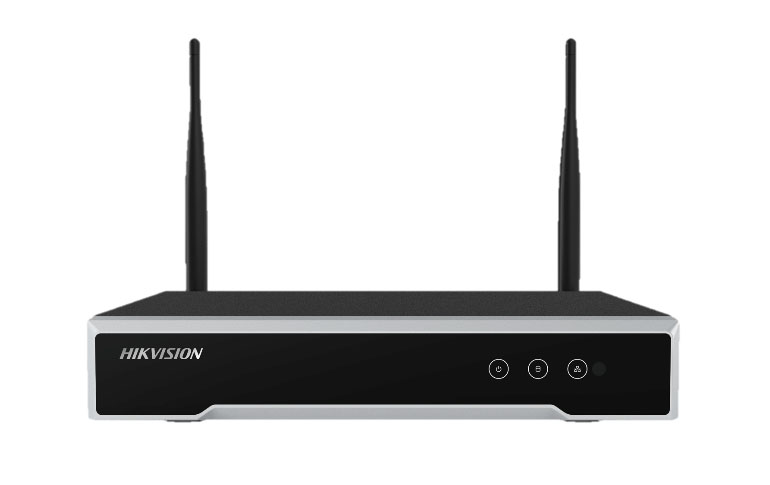 Gravador NVR IP Wi-Fi Hikvision 8 Canais 4MP Mini 1U (DS-7108NI) Dispositivo eletrónico preto com duas antenas e painel frontal HIKVISION