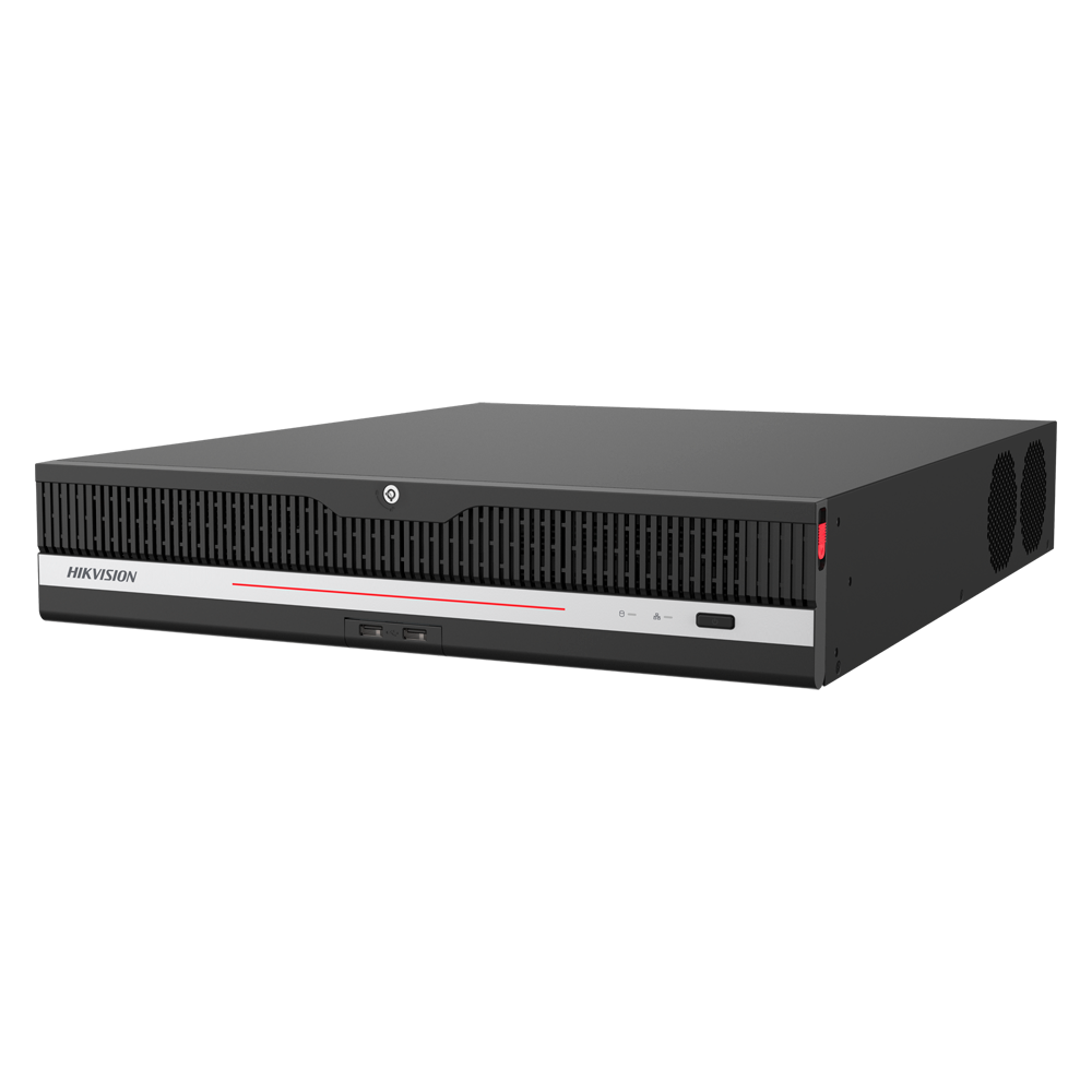 NVR Hikvision 64 Canais PoE 32MP AcuSense iDS-9664NXI-P8 Aparelho eletrónico preto HIKVISION com grelha frontal e entradas SD