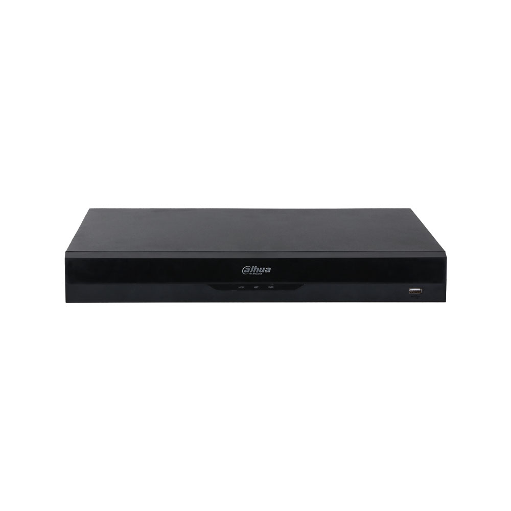 Dahua NVR4232-EI Gravador IP 32 Canais | 16 Mpx | Vigilância Inteligente Aparelho de gravação eletrónica preto com logótipo Dahua Technology e porta USB