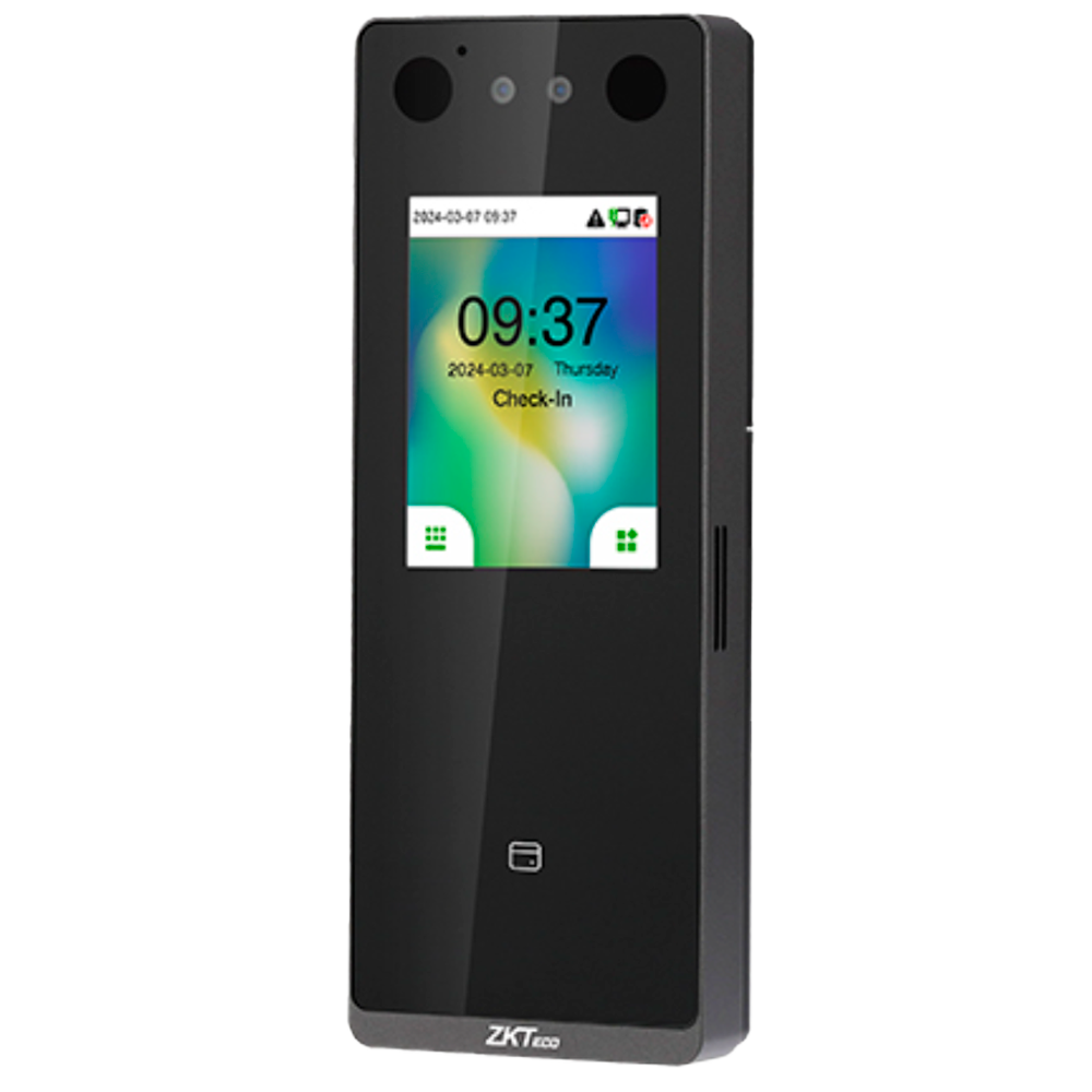 Terminal Facial ZKTeco TA-M5F-PRO-1 Presença e Acesso IP65 Dispositivo eletrónico preto com ecrã colorido que mostra data, hora e texto Check-In