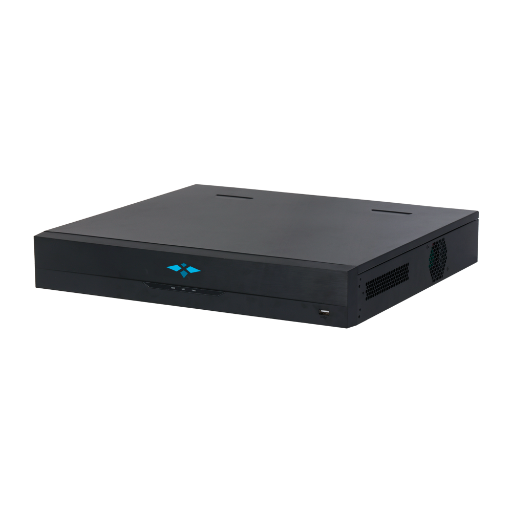 Gravador NVR X-Security 32 Canais 4K com IA Avançada | Modelo XS-NVR6432A-4K-4AI Aparelho eletrónico rectangular preto com LED e entrada USB