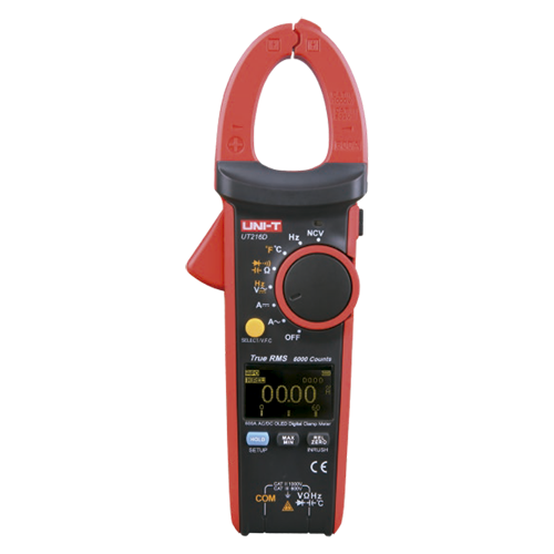 Pinça Amperimétrica Digital UNI-T UT216C True RMS AC/DC 600A Multímetro alicate digital preto e vermelho com visor digital e seletor circular