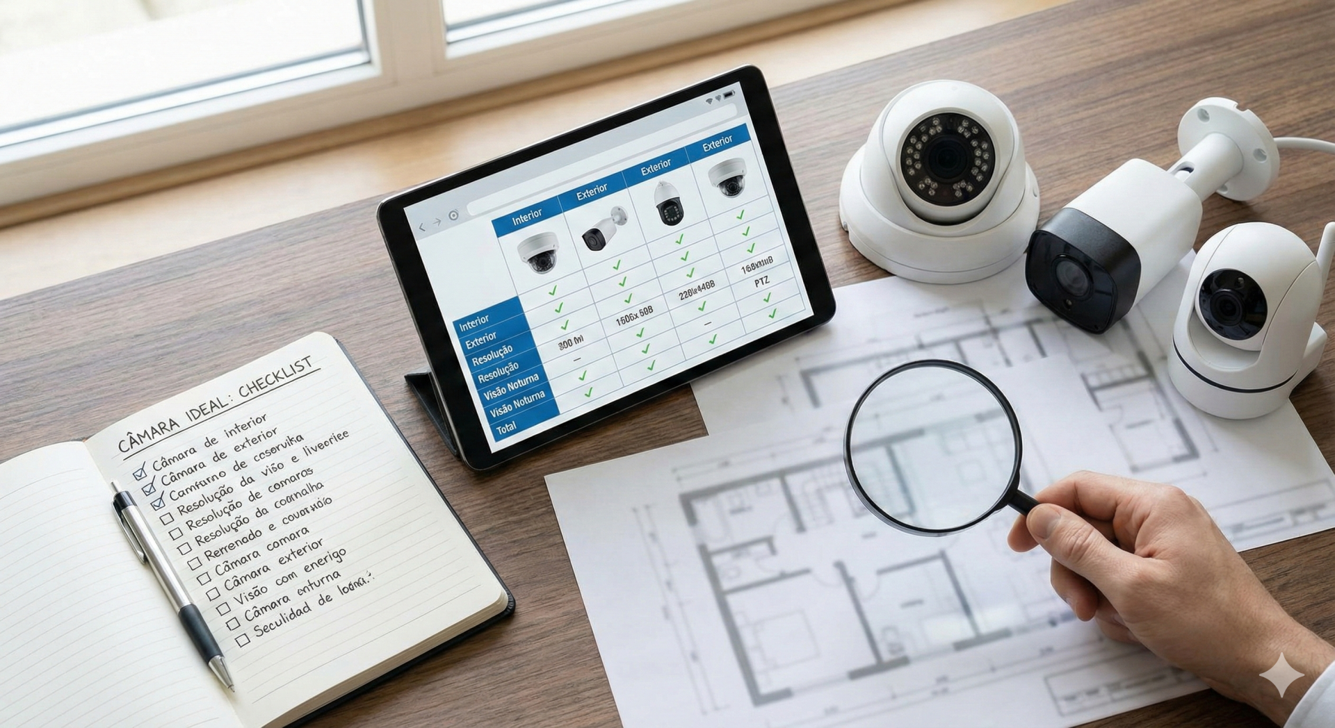 Guia Prático: Como Escolher a Câmara de Videovigilância Ideal para o Seu Projeto Mesa em madeira com câmaras segurança, tablet com tabela e caderno com checklist