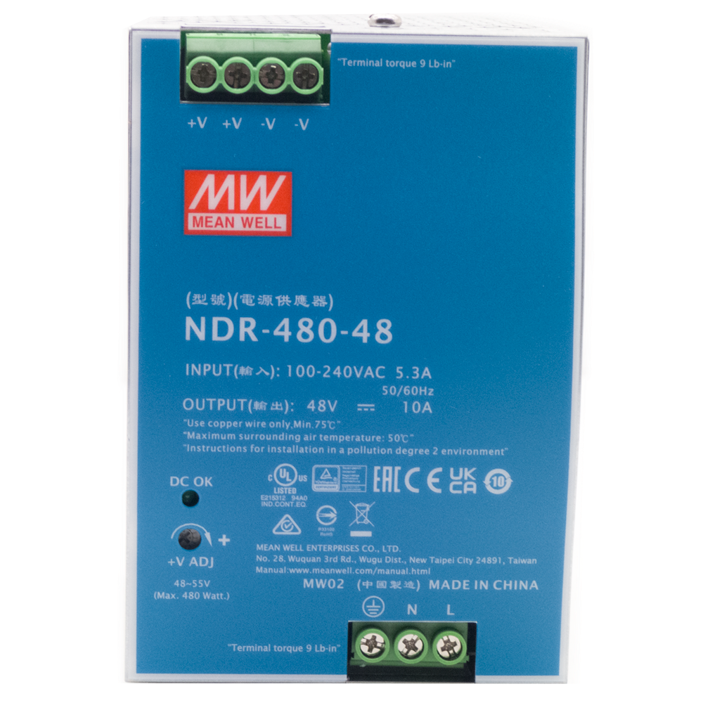Hikvision NDR-480-48 | Fonte de Alimentação 48V para Trilho DIN Fonte de alimentação azul MEAN WELL modelo NDR-480-48 com conexões verdes e especificações técnicas impressas