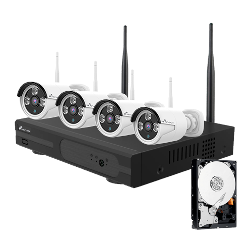 Kit CCTV WiFi Nivian NV-KIT830W-4CAM-1TB com 4 Câmaras 3MP e Disco 1TB Conjunto de câmaras de segurança com base e disco rígido
