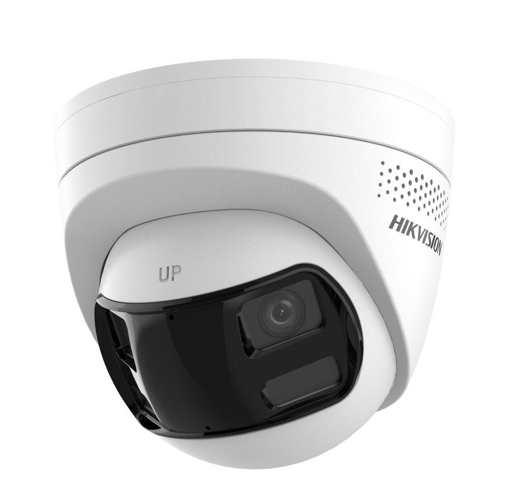 Câmara IP Turret Hikvision DS-2CD1383G2P-LIUF/S(L)(RB) 8MP Dupla Lente 180° Smart Hybrid Light Câmara de segurança dome branca e preta com inscrição HIKVISION