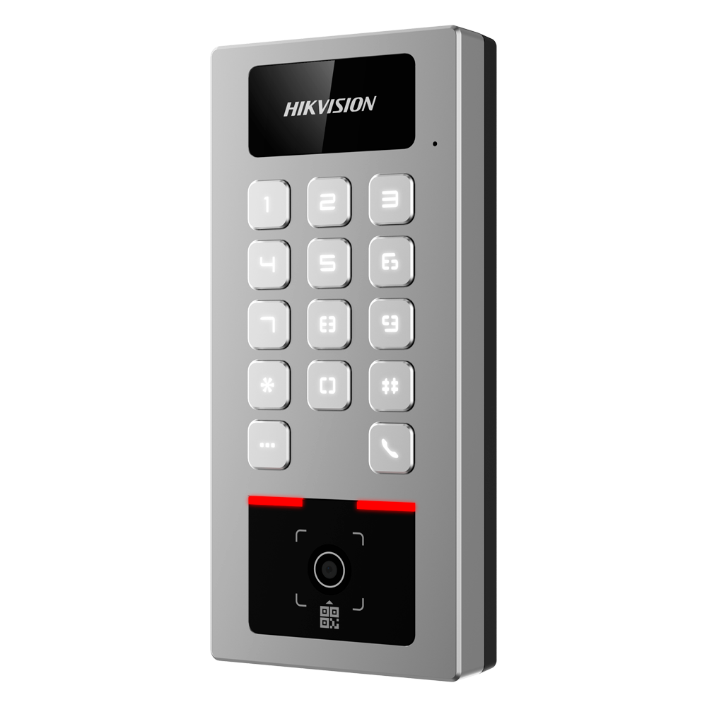Controlo de Acesso Hikvision DS-K1T502DBWX-QR: MF DESFire, QR, PIN, IP65 Intercomunicador Hikvision prateado com teclado numérico iluminado e câmara