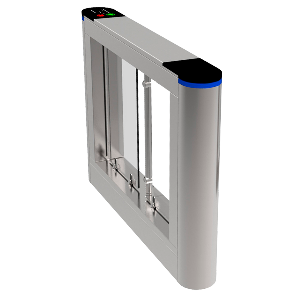 Componente Torniquete Motorizado Turboo TS-SG801-L - Acesso Bidirecional em Aço Inox Torno de controlo de acesso moderno em metal prateado com painel superior preto e azul