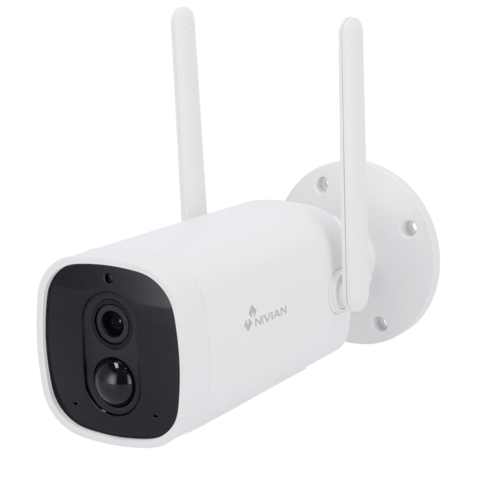 Câmara WiFi Bateria Nivian 1080p Exterior PIR | IP65 - Detecção Avançada Câmara de vigilância branca com antenas e base redonda