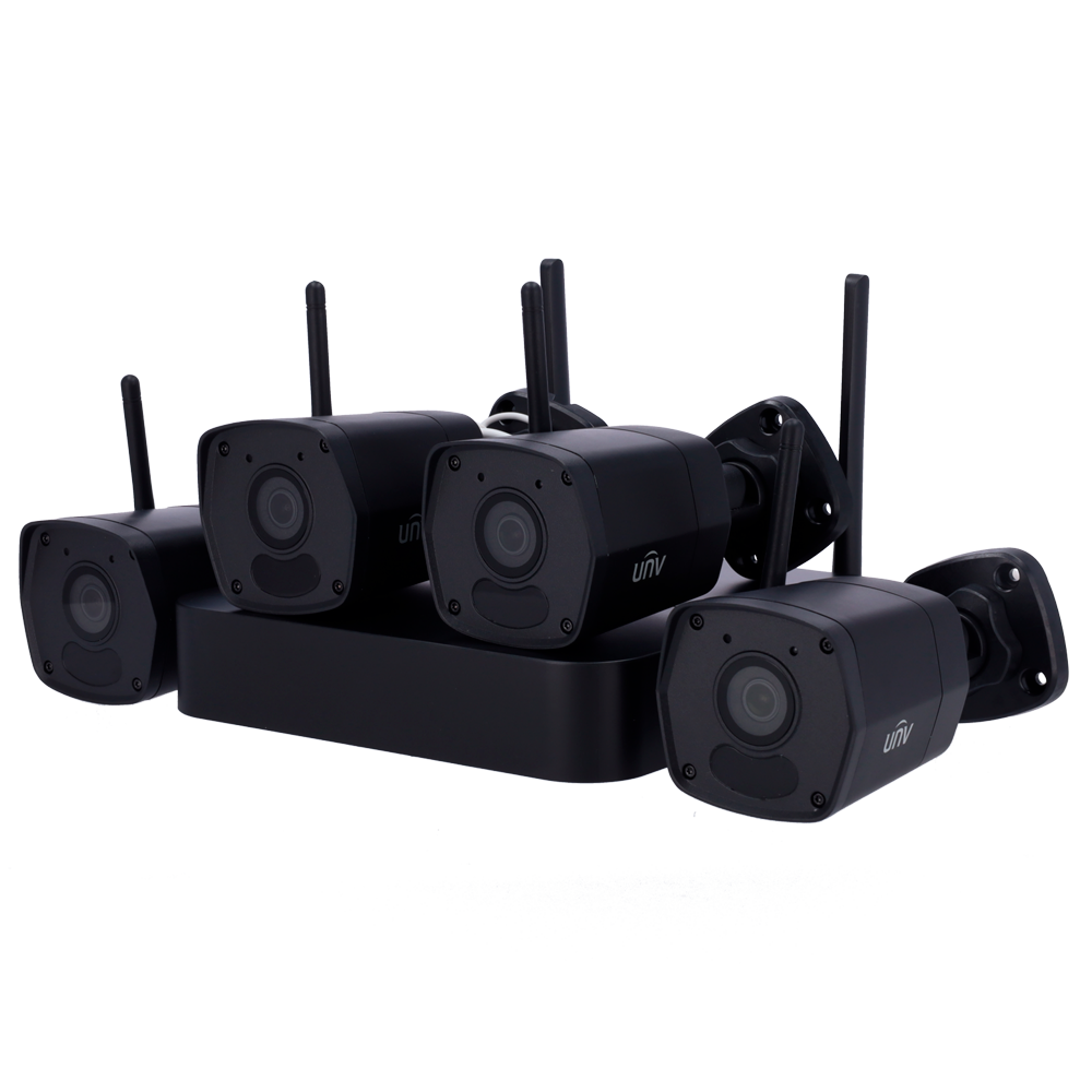 Kit Videovigilância Uniview WiFi 4 Câmaras 1080p IP67 Conjunto de quatro câmaras de vigilância preto com antenas e base preta